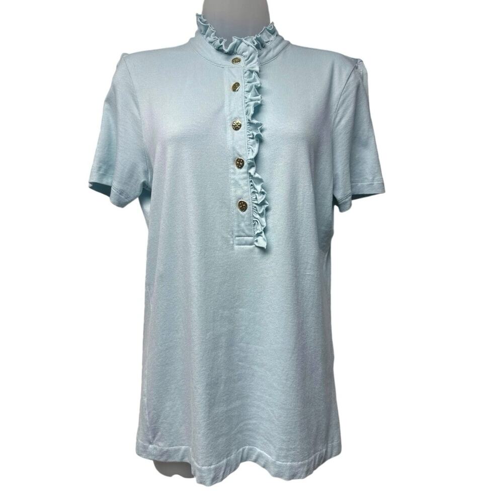 Tory Burch Women’s Light Blue Ruffle Mock Neck Button Front Knit Top Size